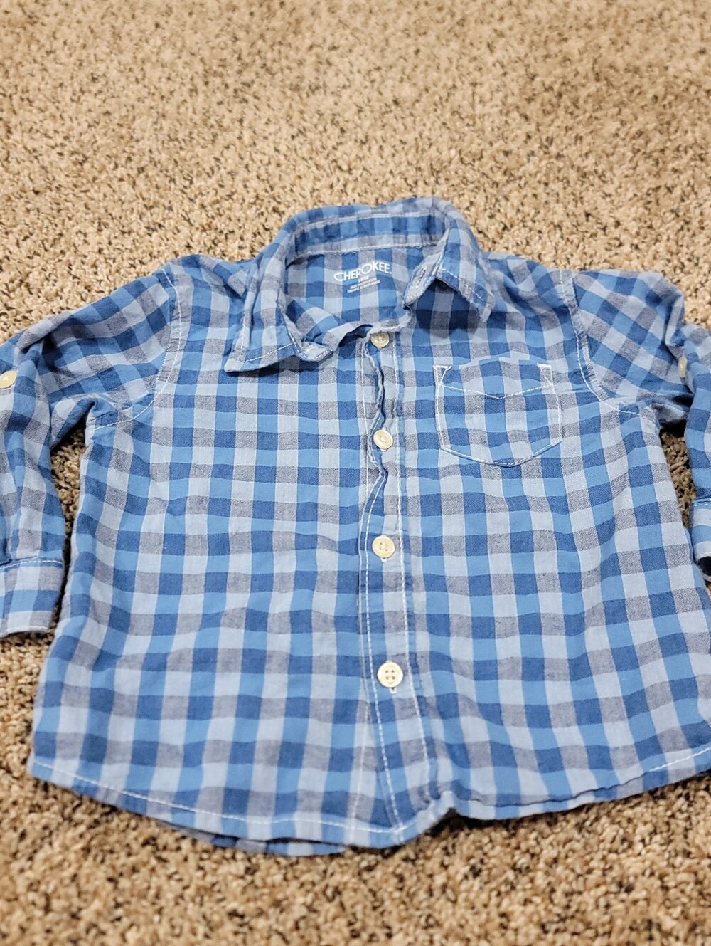 Cherokee Button Up Shirt Toddler Boys Size 18M Blue Plaid Long Sleeve Collar Top